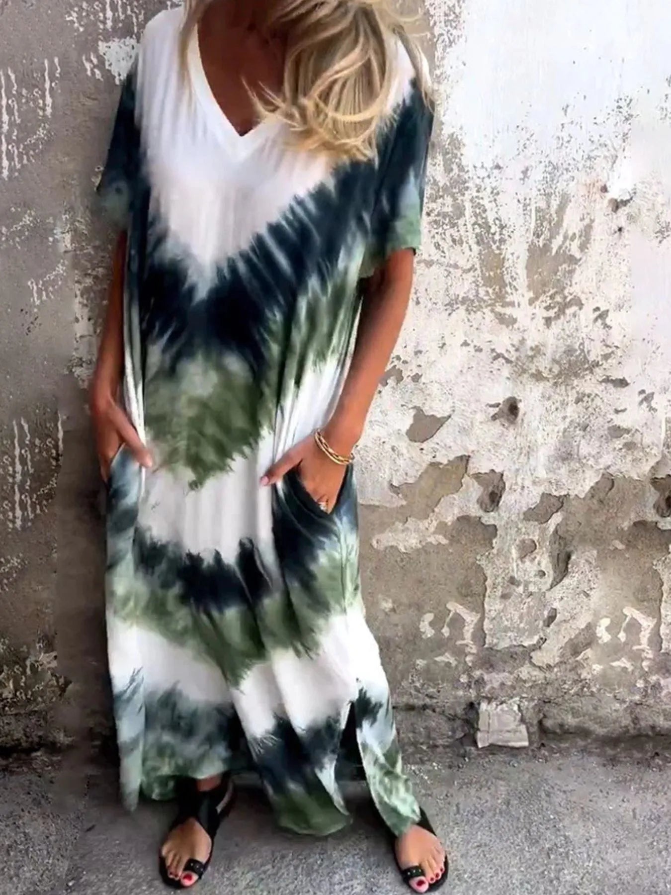 Full Size Tie-Dye V-Neck Midi Dress with Pockets Plus Size - Dark Green -