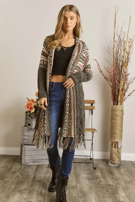 ADORA Full Size Fringe Hem Aztec Cardigan Plus Size.