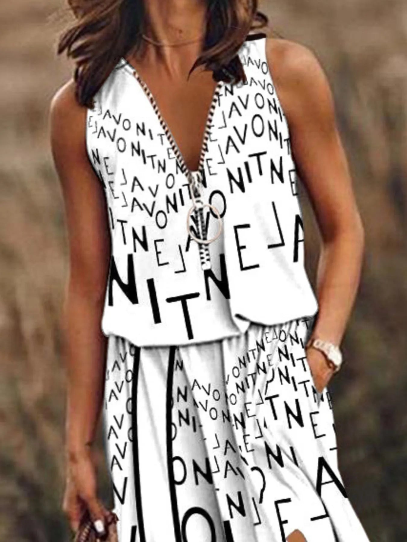 Full Size Half Zip Sleeveless Maxi Dress with Side Slit Plus Size - -
