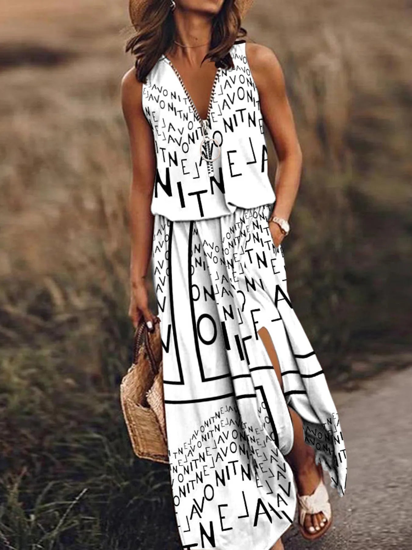 Full Size Half Zip Sleeveless Maxi Dress with Side Slit Plus Size - Print-white -