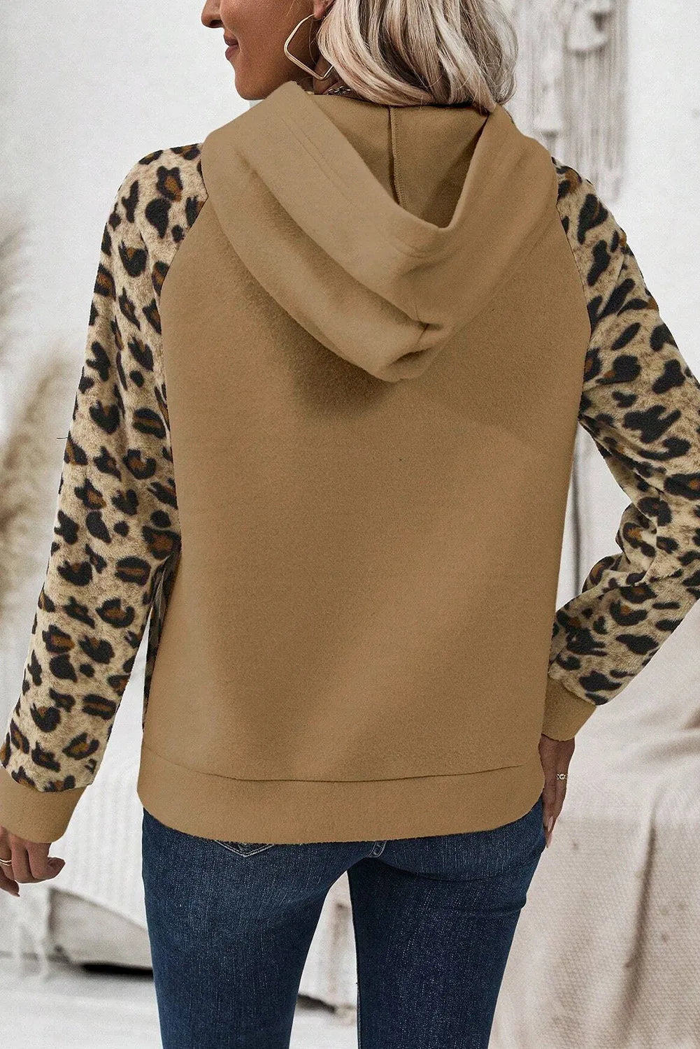 Leopard Half Button Long Sleeve Hoodie - -