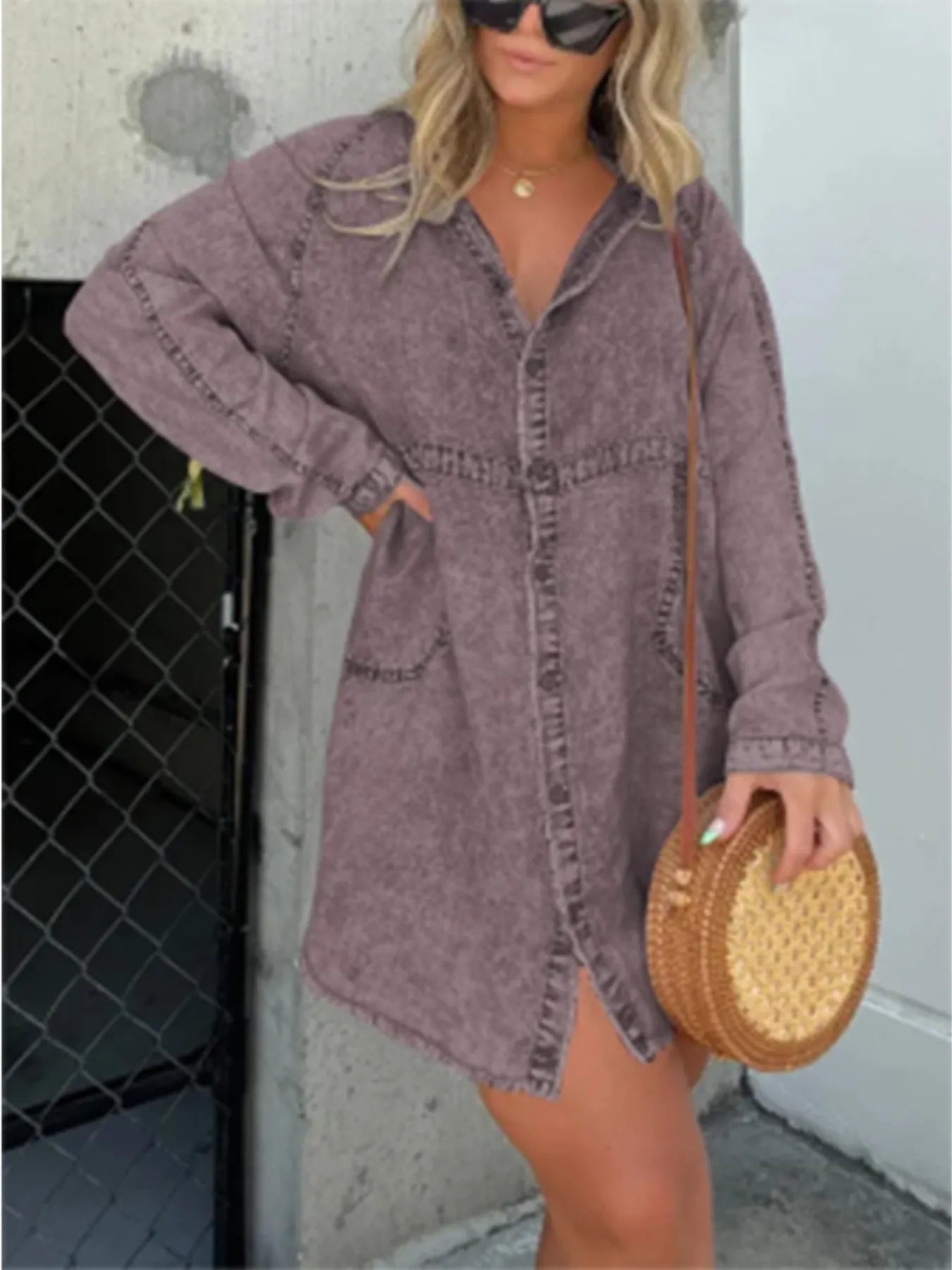 Full Size Button-Front Long Sleeve Denim Shirt Dress Plus Size - -