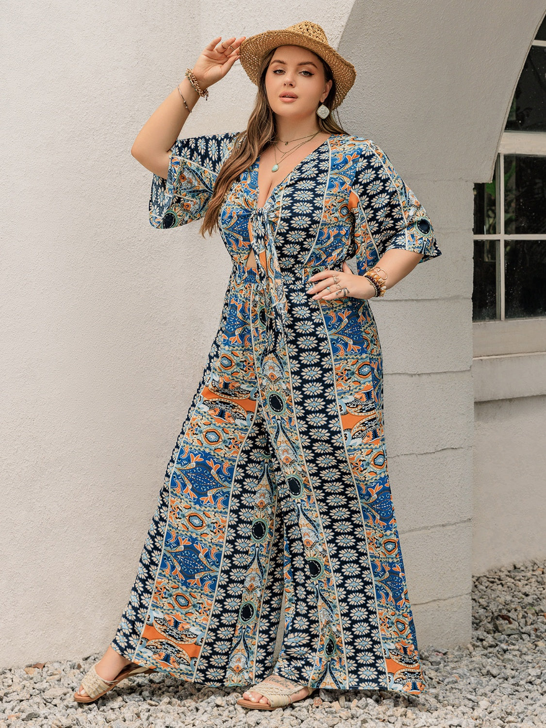 Plus Size Printed Half Sleeve Wide Leg Jumpsuit - -