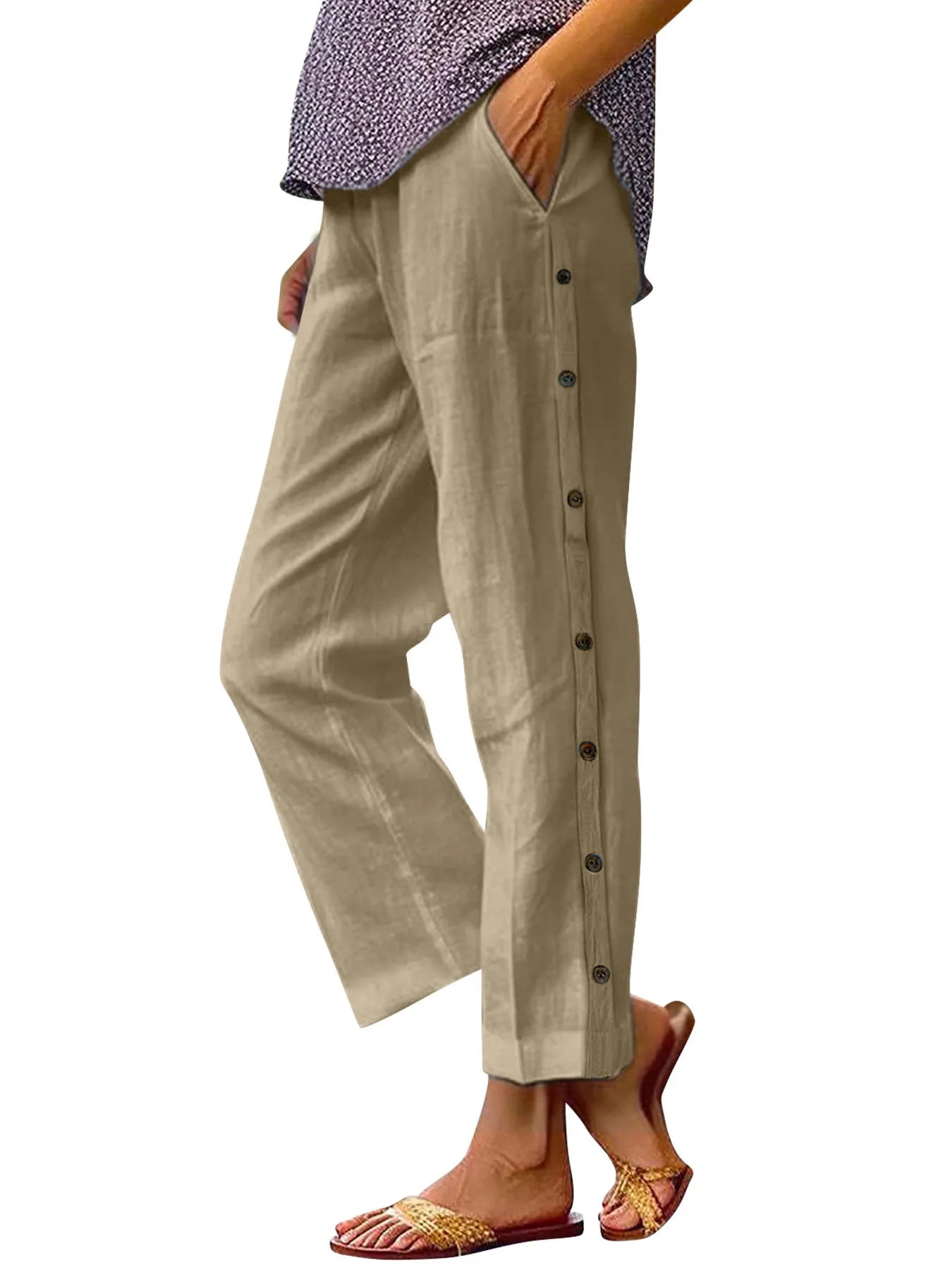 Coastal Stroll – Button Linen Pants - -