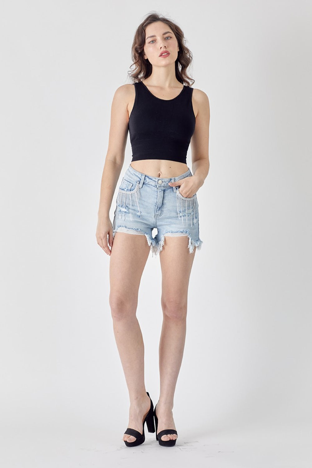 RISEN Frayed Hem Denim Shorts with Fringe Detail Pockets - -
