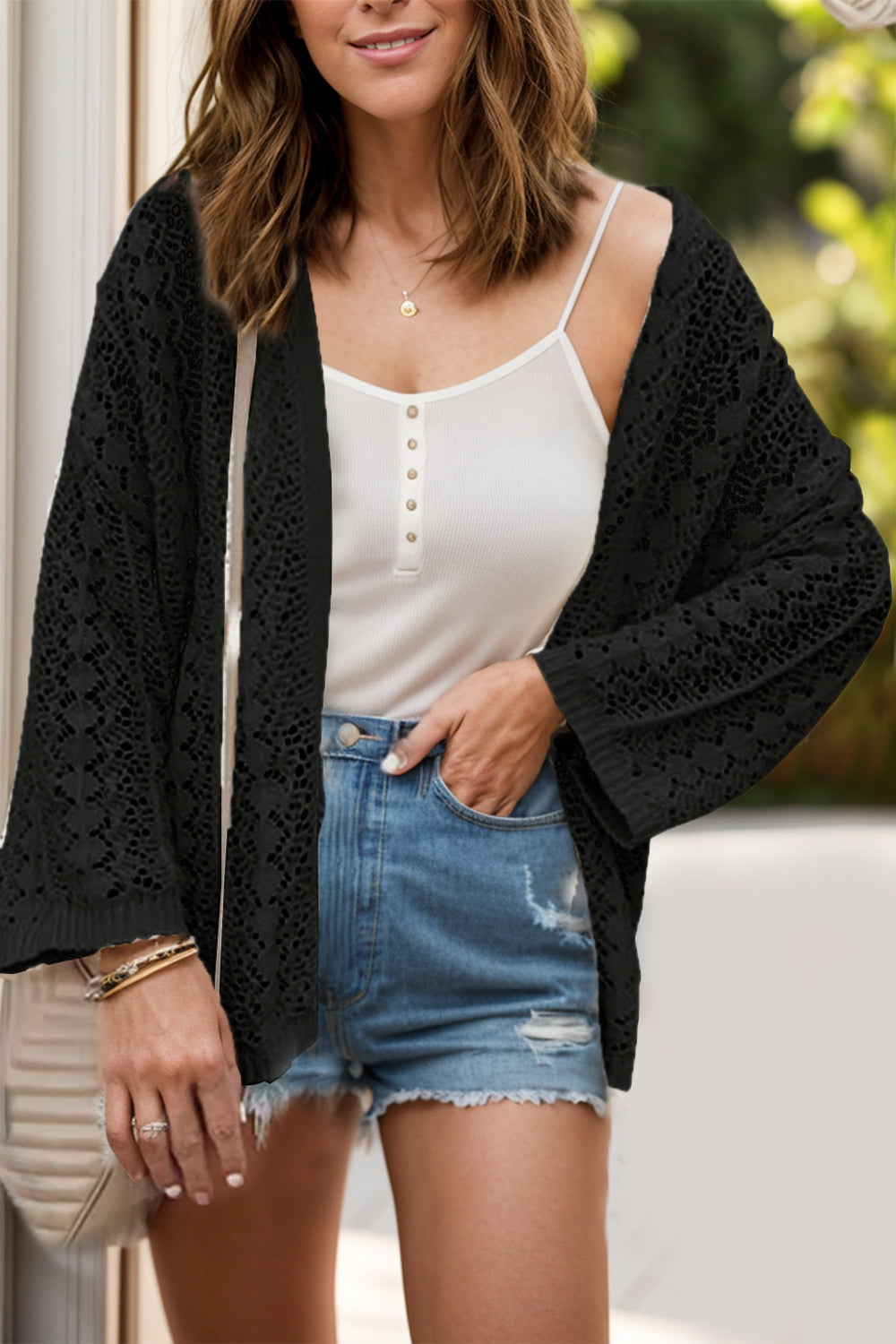 Openwork Open Front Dropped Shoulder Cardigan - -