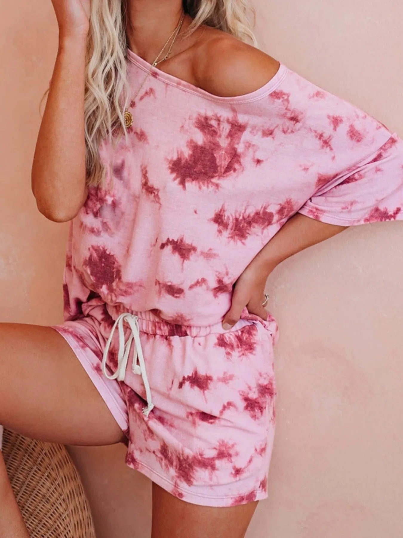 Tie-Dye Boat Neck Top and Shorts Set - -