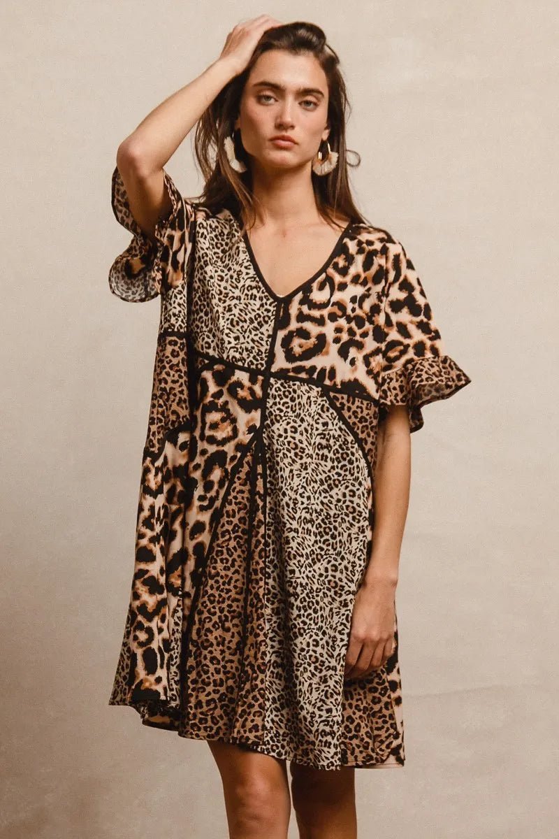BiBi Leopard Prints Mix and Match Short Sleeves Dress - -