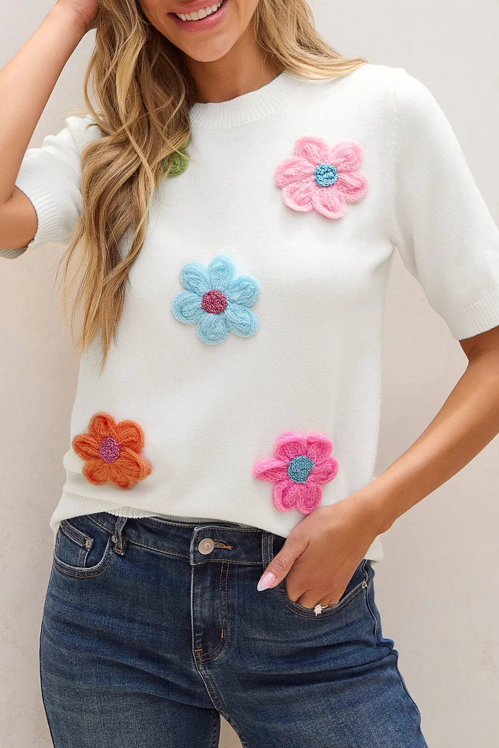 Flower Round Neck Short Sleeve Sweater - White XL -