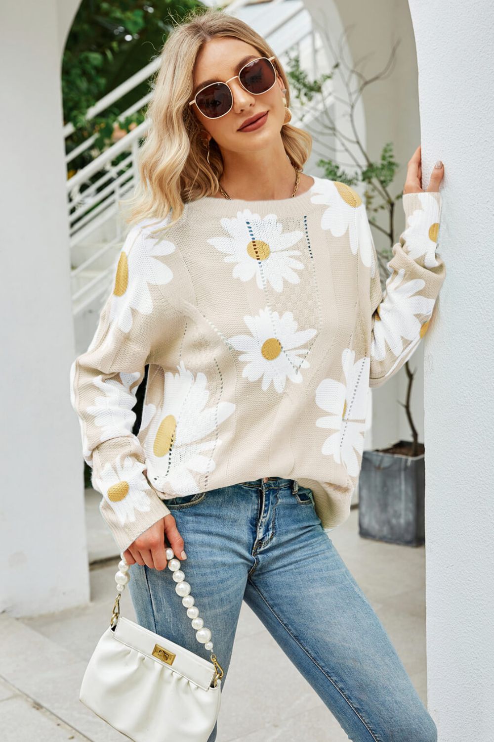 Angel Wings Daisy Print Openwork Round Neck Sweater - -