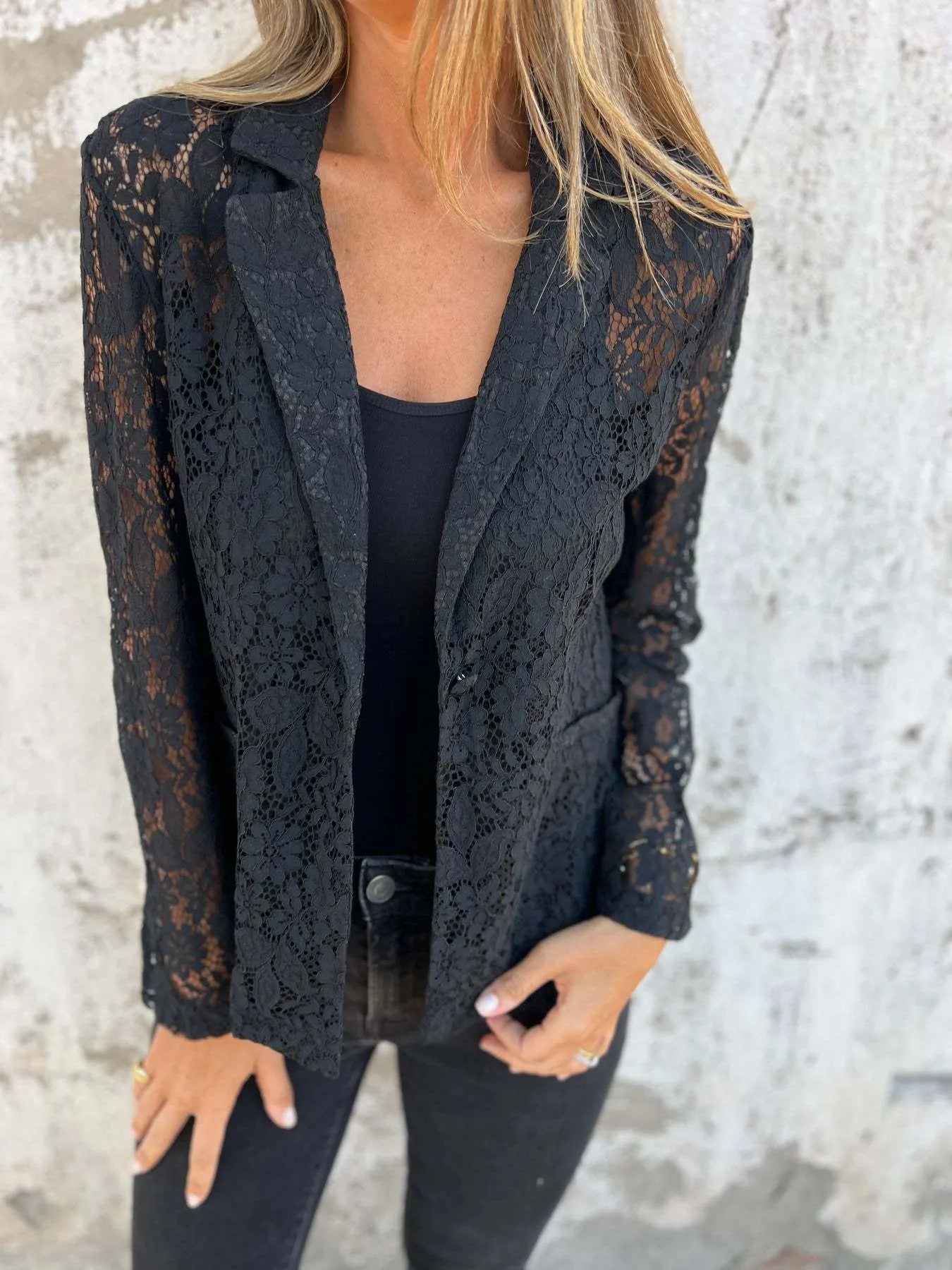 Full Size Lace Open-Front Blazer Plus Size - -
