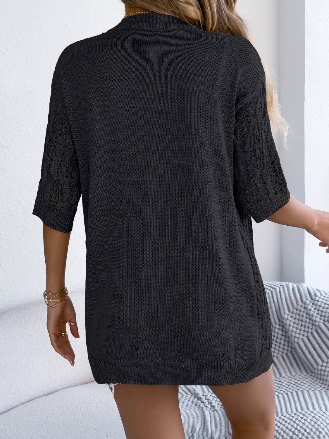 Openwork Open Front Half Sleeve Cardigan - -