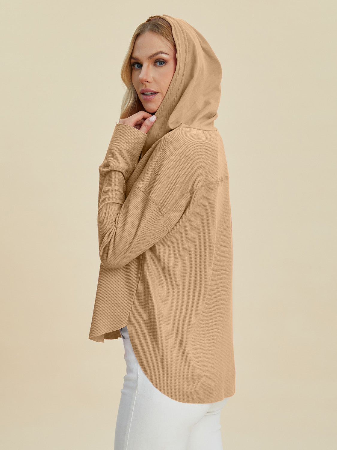Double Take Full Size High-Low Dropped Shoulder Long Sleeve Hoodie - -