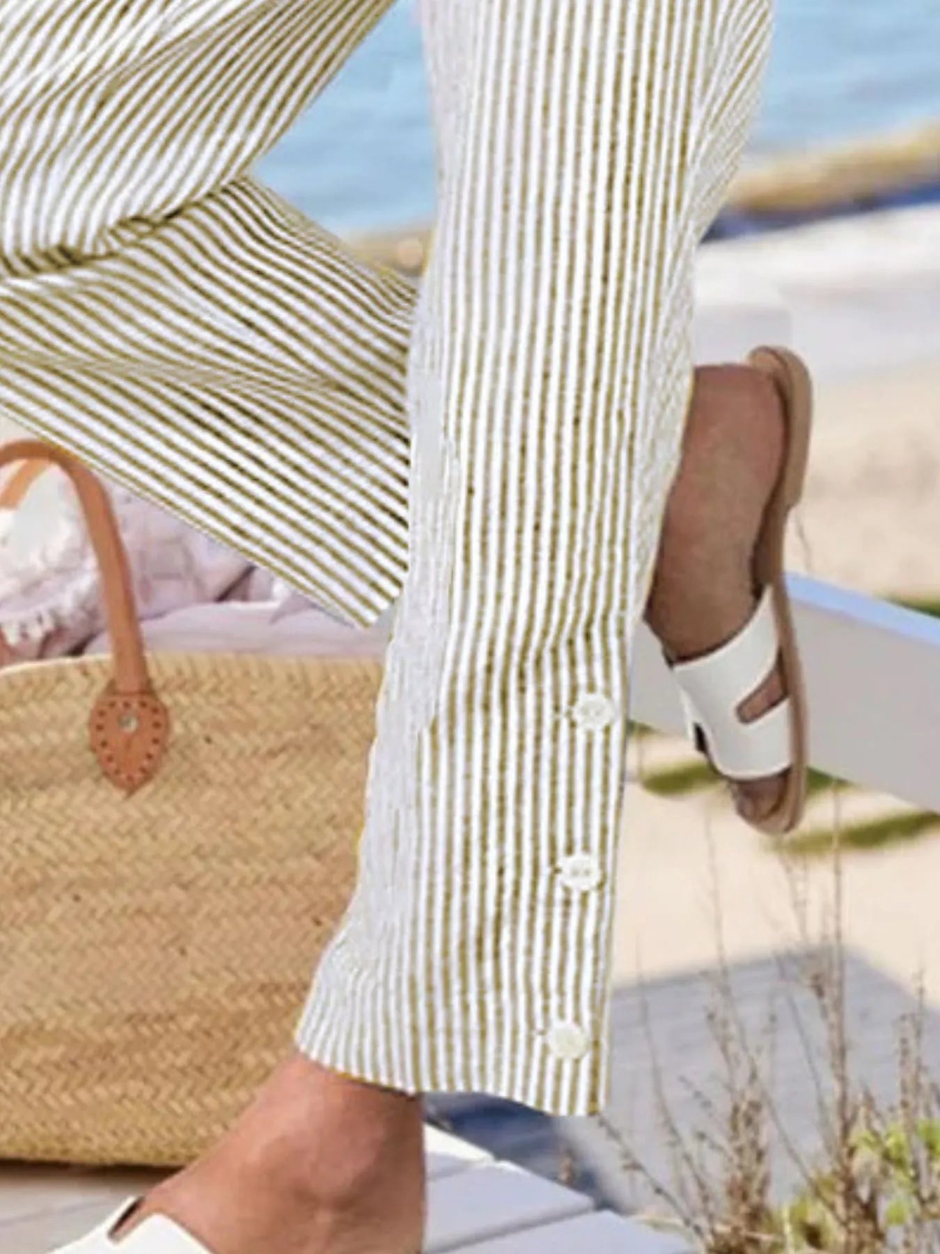 Full Size Striped Side Button Detail Pants Plus Size - -