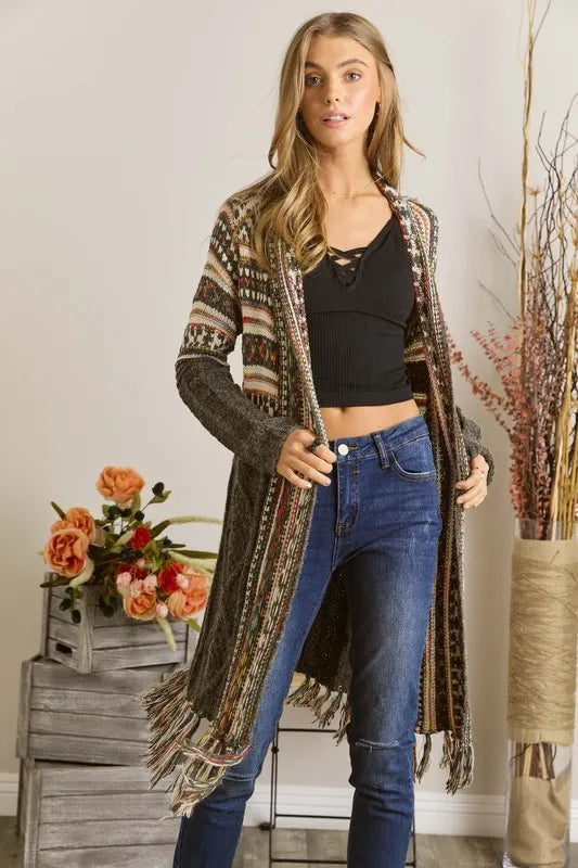 ADORA Full Size Fringe Hem Aztec Cardigan Plus Size.