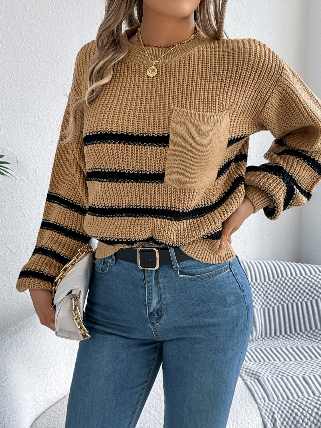 Striped Round Neck Long Sleeve Sweater - -