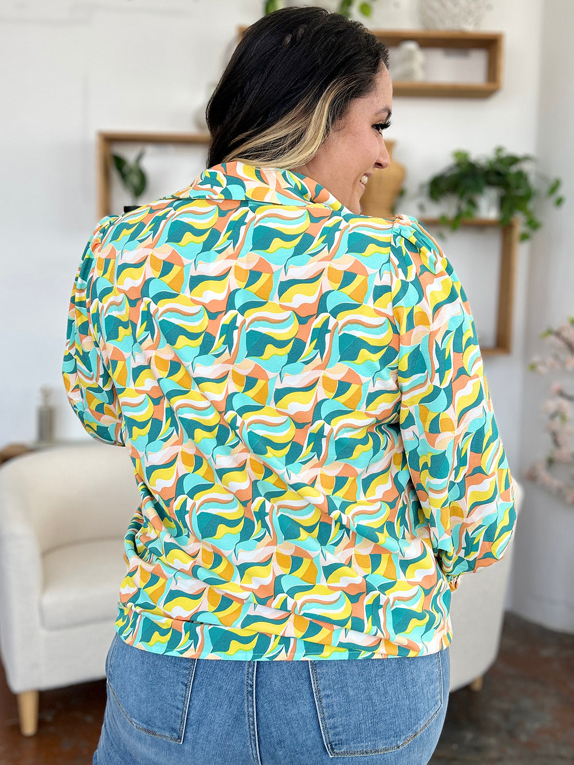 Double Take Full Size Printed Smocked Long Sleeve Blouse - -