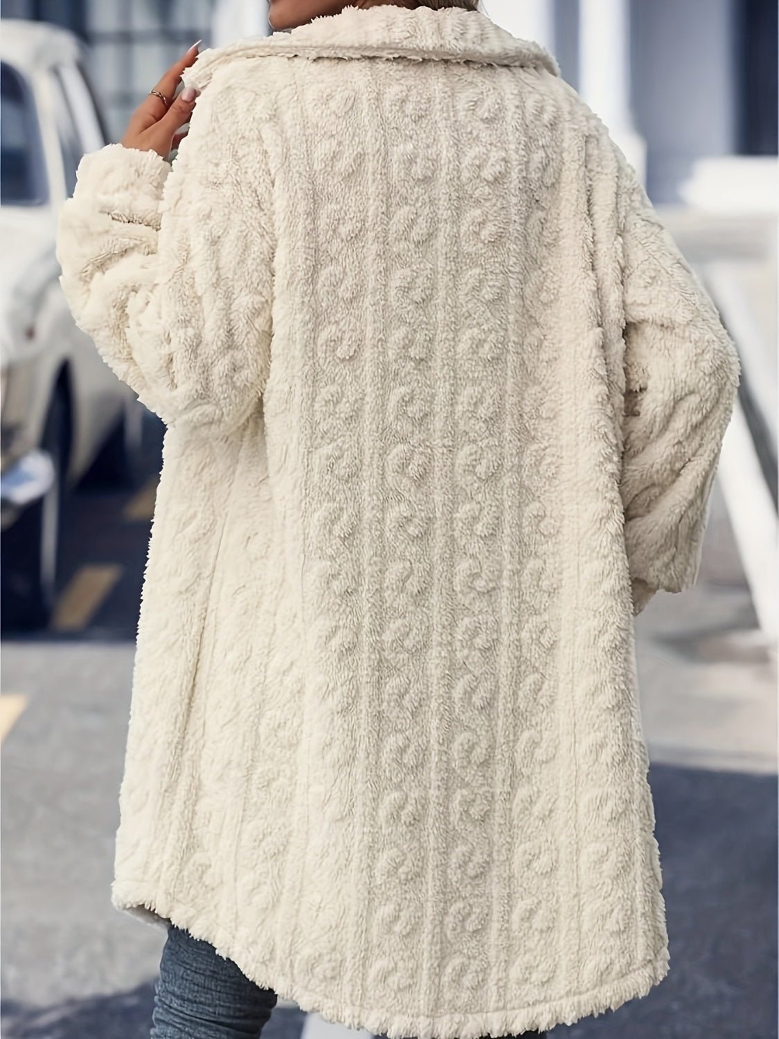 Fuzzy Button Up Long Sleeve Longline Coat - -