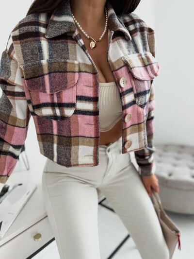 Pocketed Collared Neck Long Sleeve Plaid Jacket - -