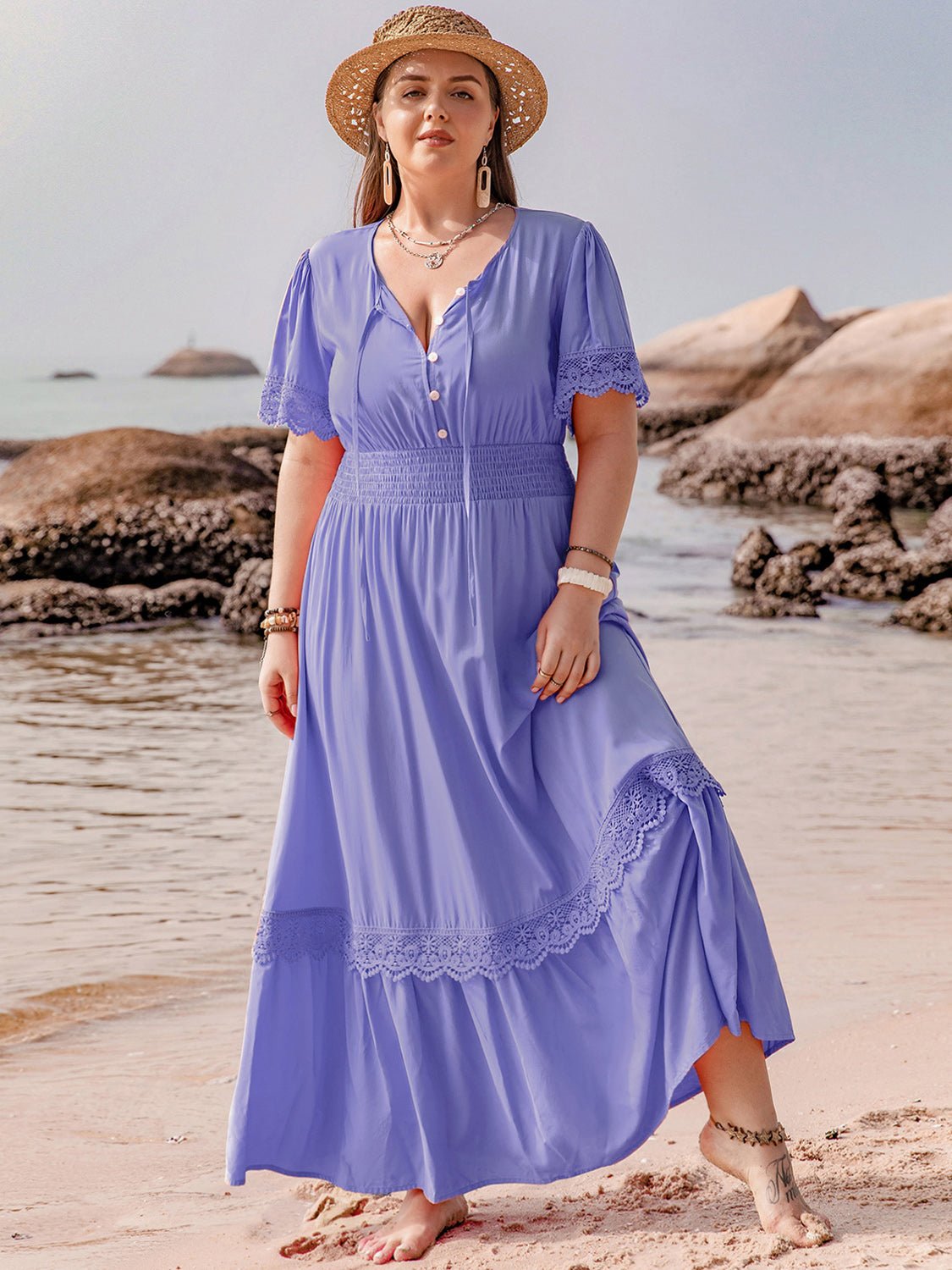 Plus Size Lace Detail Tie Neck Short Sleeve Maxi Dress - -