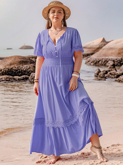 Plus Size Lace Detail Tie Neck Short Sleeve Maxi Dress - -