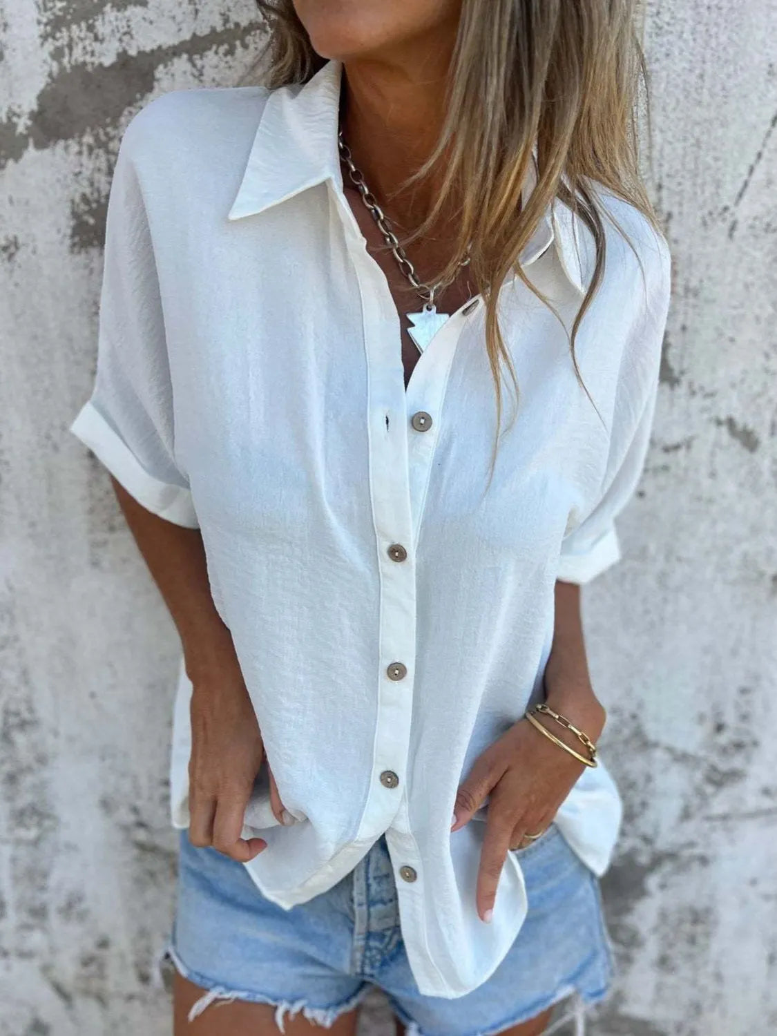 Full Size Collared Neck Half Sleeve Shirt Plus Size - White -