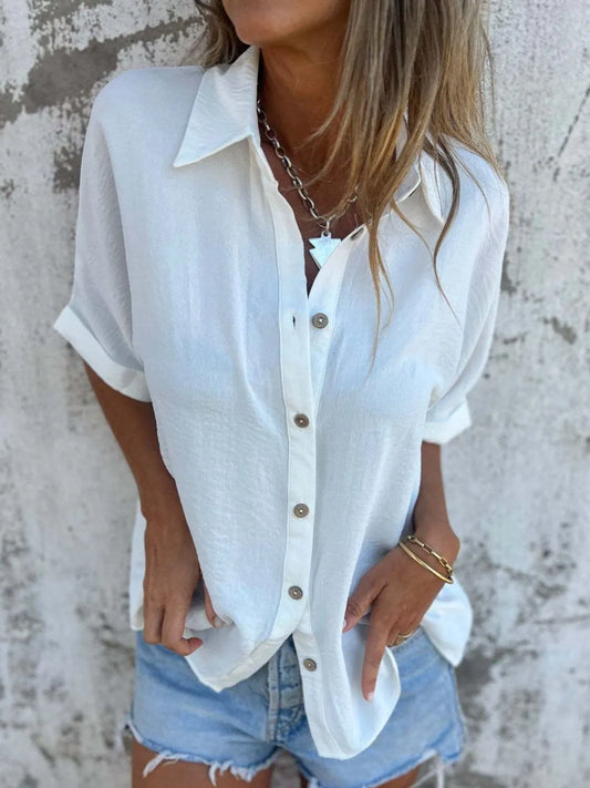 Full Size Collared Neck Half Sleeve Shirt Plus Size - White -