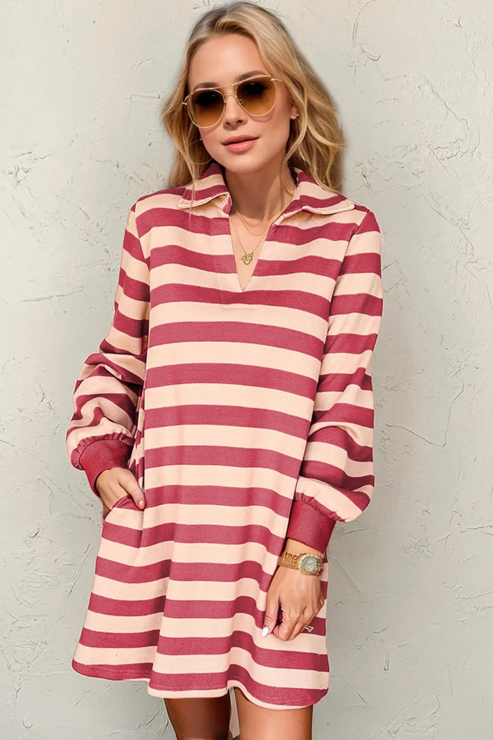 Double Take Full Size Striped Contrast Collared Neck Long Sleeve Dress - Deep Rose -
