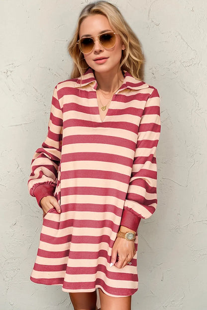 Double Take Full Size Striped Contrast Collared Neck Long Sleeve Dress - Deep Rose -
