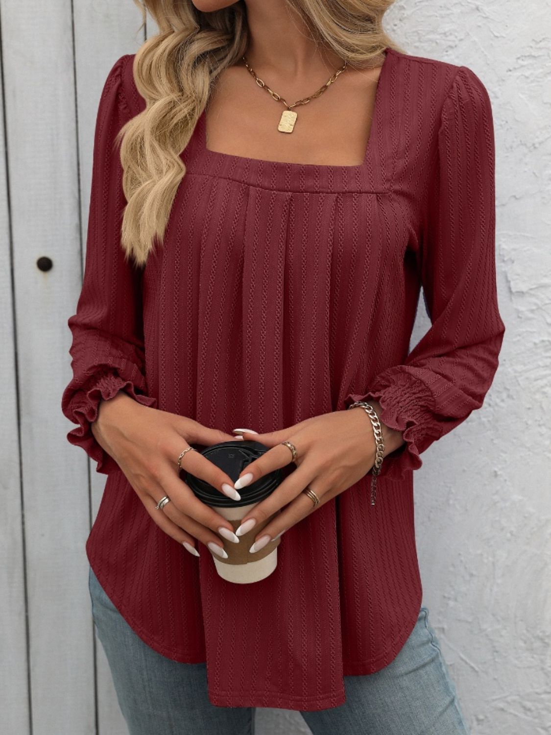 Mandy Square Neck Long Sleeve Top - Burgundy -