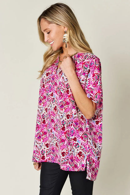Double Take Full Size Printed V-Neck Short Sleeve Blouse - -