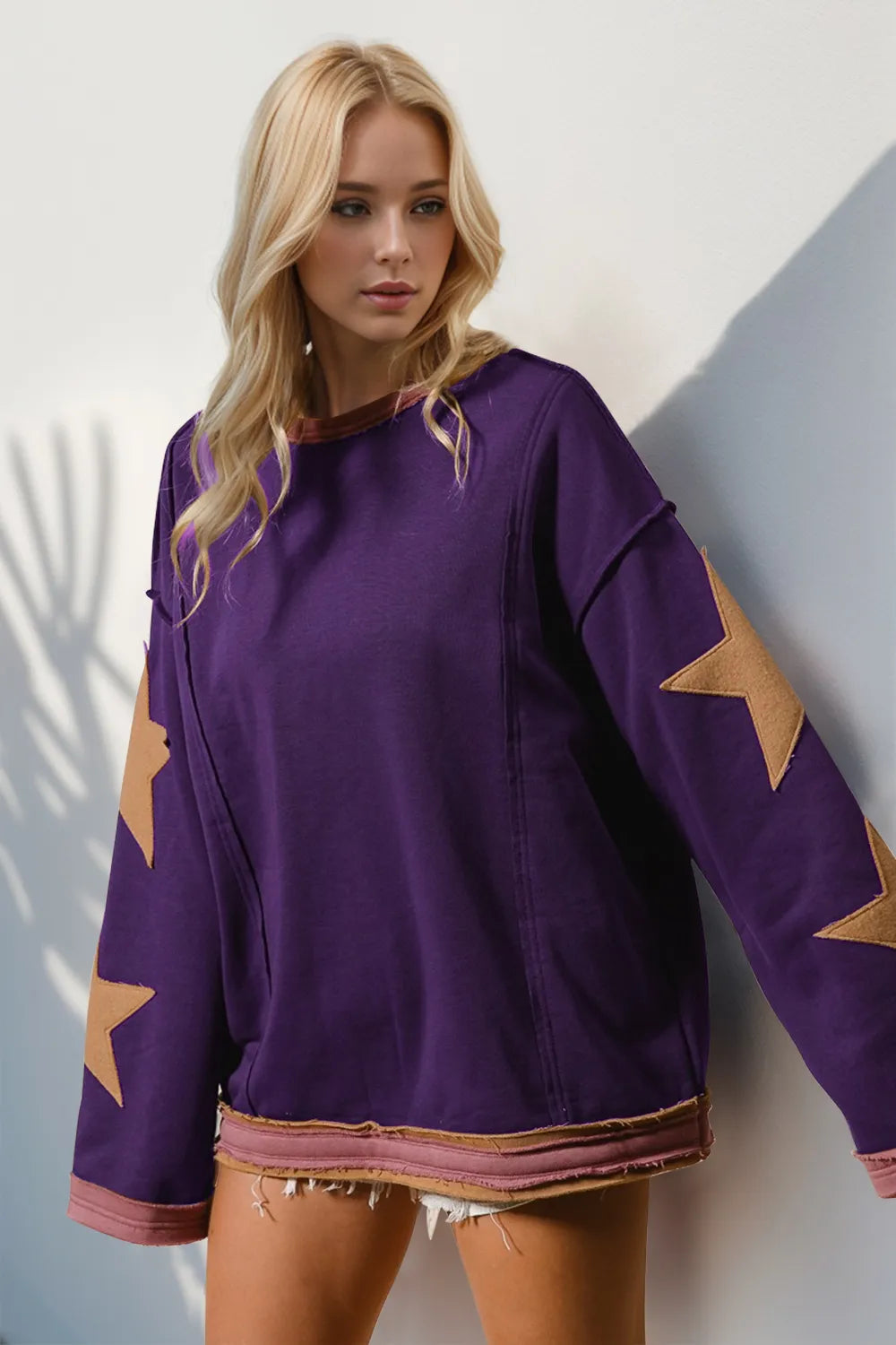 Double Take Star Patched Long Sleeve Sweatshirt – | Shannon’s Chique Boutique