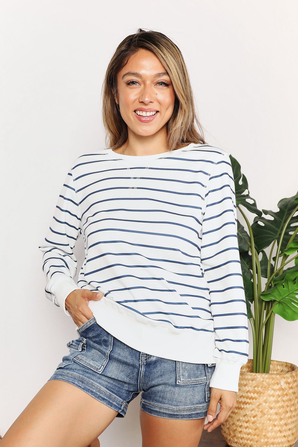Double Take Striped Long Sleeve Round Neck Top - Stripe -
