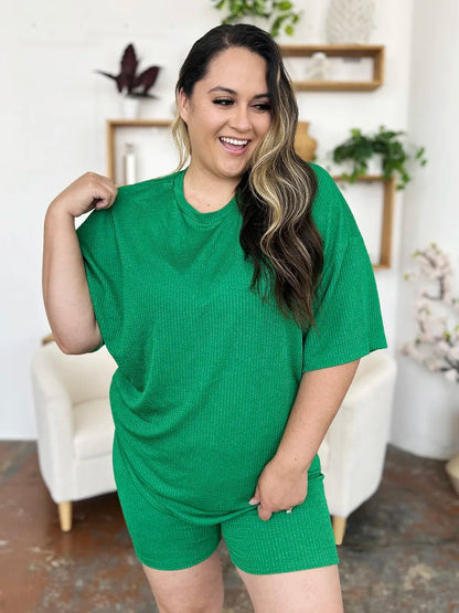 Double Take Full Size Texture Round Neck Drop Shoulder T-Shirt and Shorts Set – | Shannon’s Chique Boutique