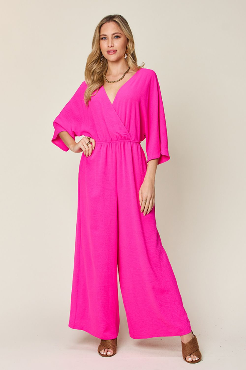 Double Take Full Size Surplice Wide Leg Jumpsuit with Pockets - Hot Pink -