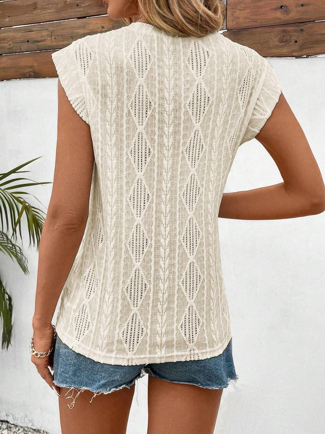Eyelet Round Neck Cap Sleeve Top - -