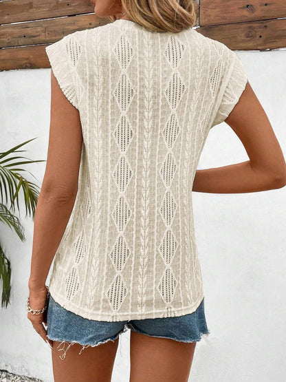 Eyelet Round Neck Cap Sleeve Top - -