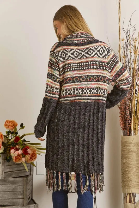ADORA Full Size Fringe Hem Aztec Cardigan Plus Size.