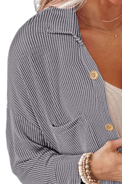 Striped Collared Neck Long Sleeve Shirt - -