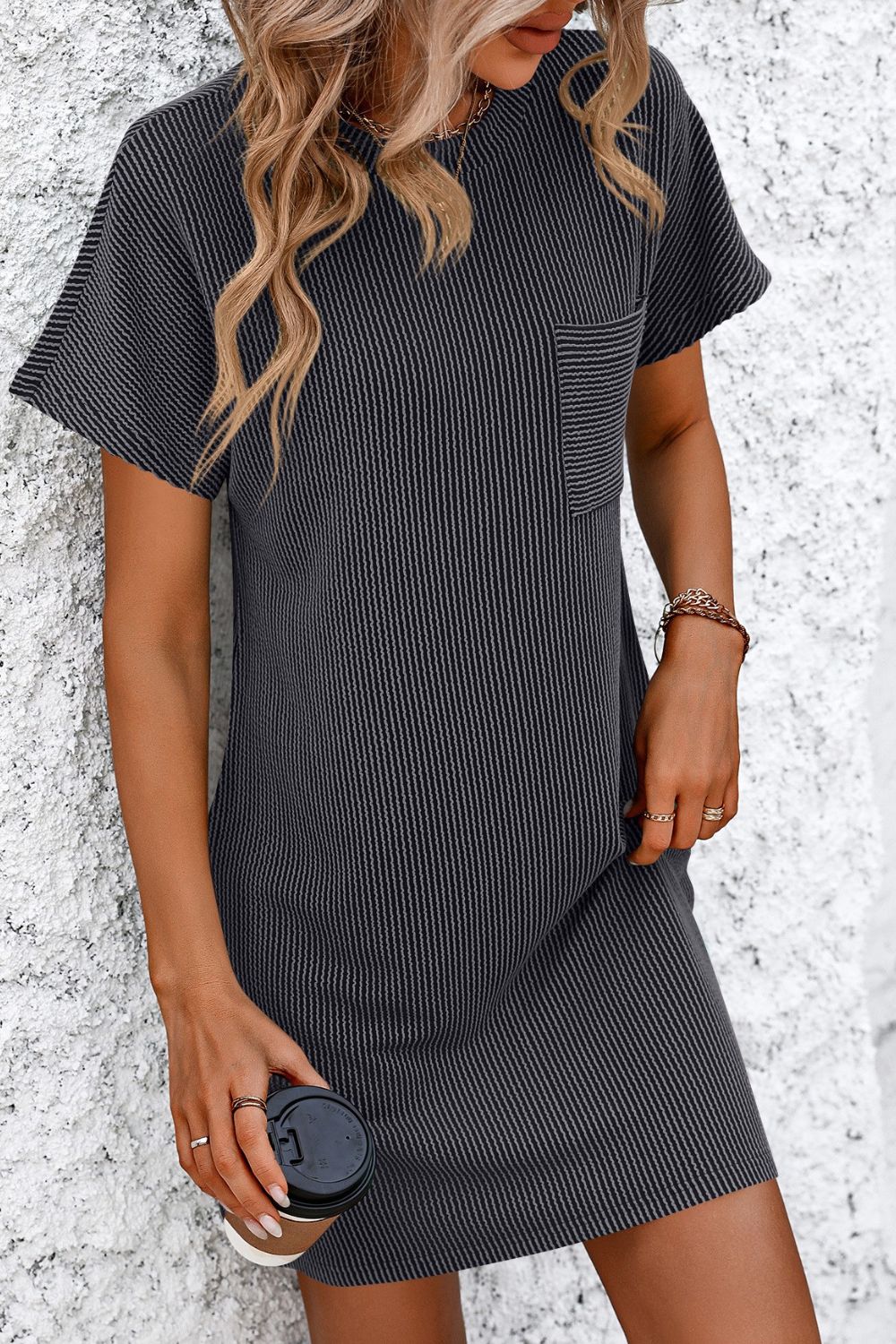 Ribbed Striped Short Sleeve Mini Tee Dress - -