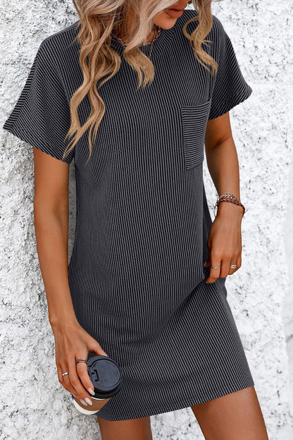Ribbed Striped Short Sleeve Mini Tee Dress - -