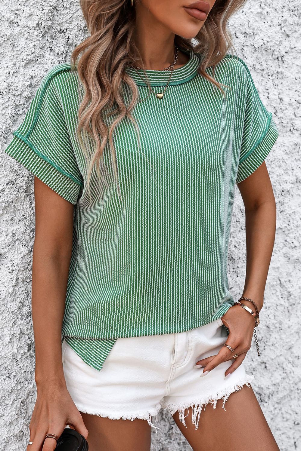 Mandy Striped Round Neck Short Sleeve T-Shirt - Green -