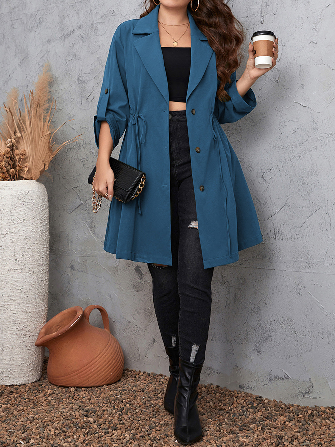 Honey Plus Size Lapel Collar Drawstring Roll-Tab Sleeve Trench Coat - -