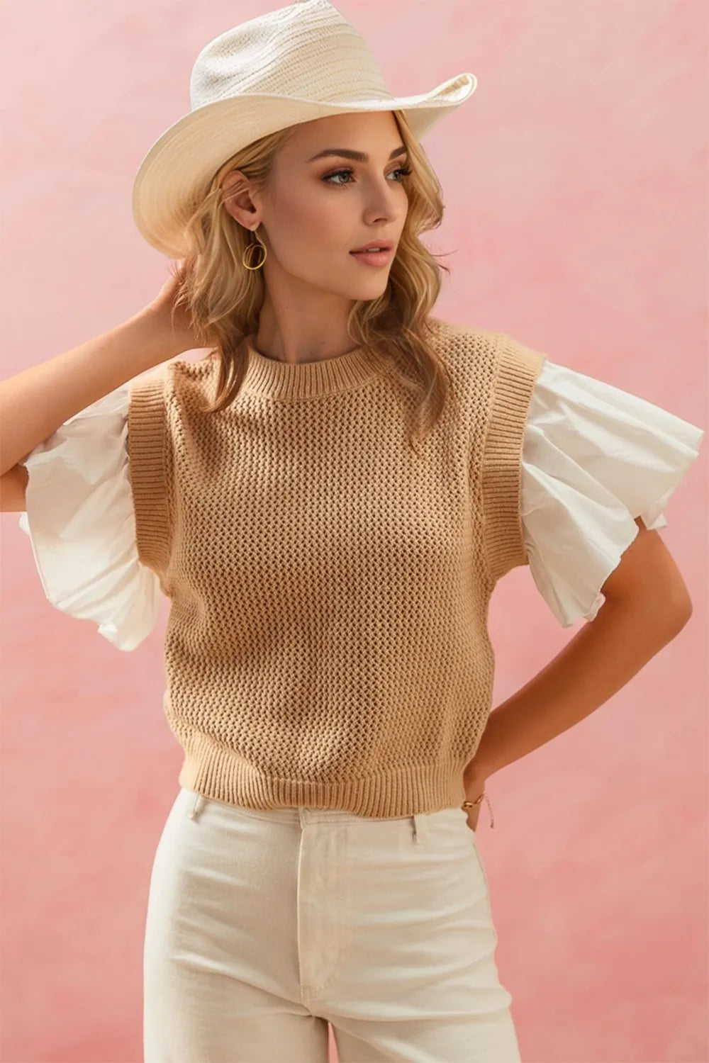 Oh Full Size Ruffled Round Neck Short Sleeve Sweater - Camel -