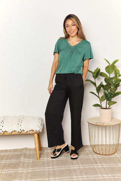 Double Take Ruched V-Neck Short Sleeve T-Shirt - -