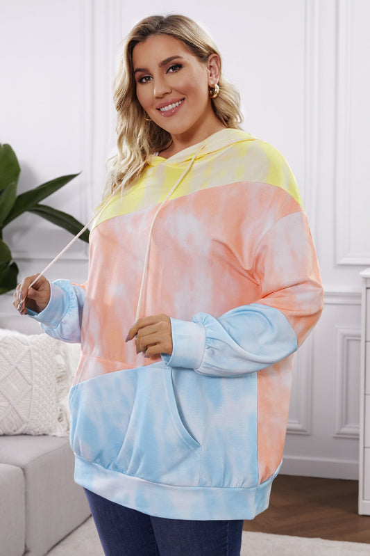 Plus Size Drawstring Color Block Dropped Shoulder Hoodie - Light Blue -