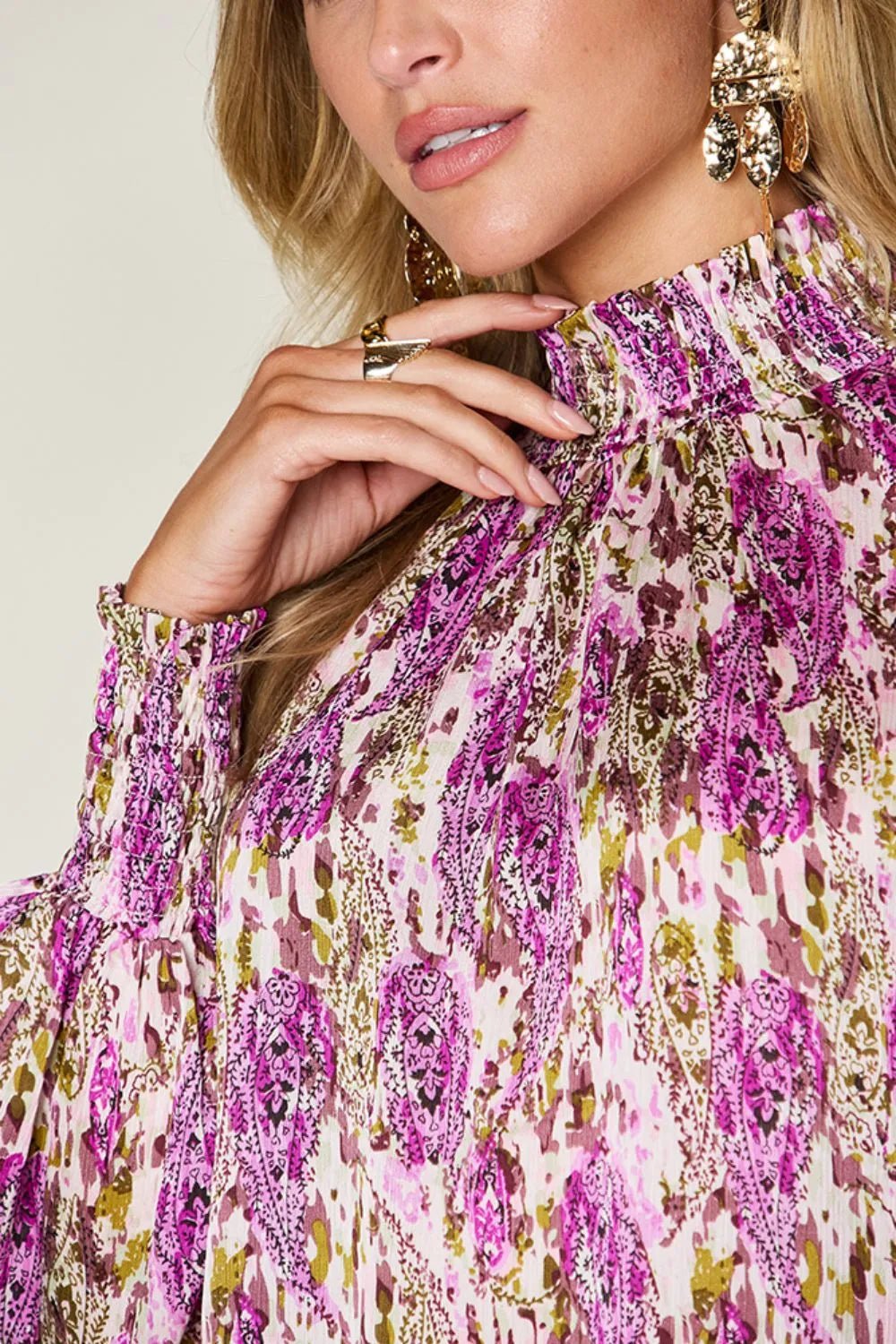 Double Take Full Size Printed Smocked Long Sleeve Blouse - -