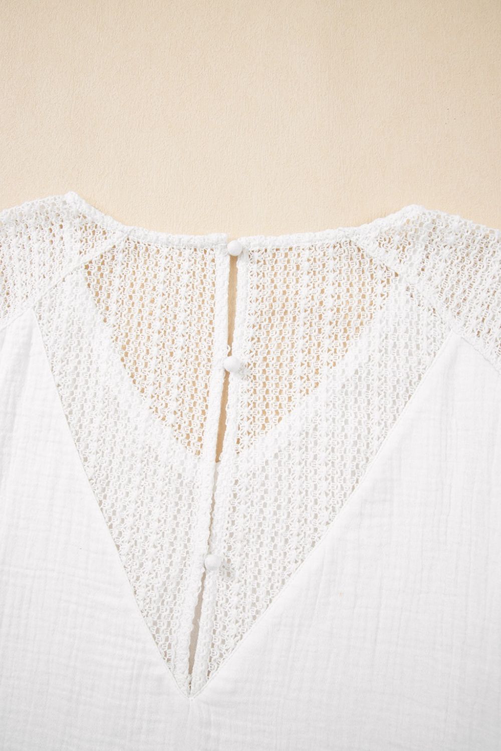 Lace Crochet Textured Button Back V Neck T Shirt - -