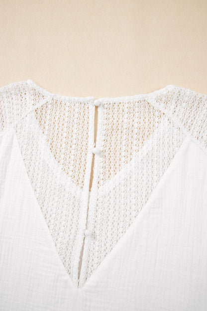 Lace Crochet Textured Button Back V Neck T Shirt - -
