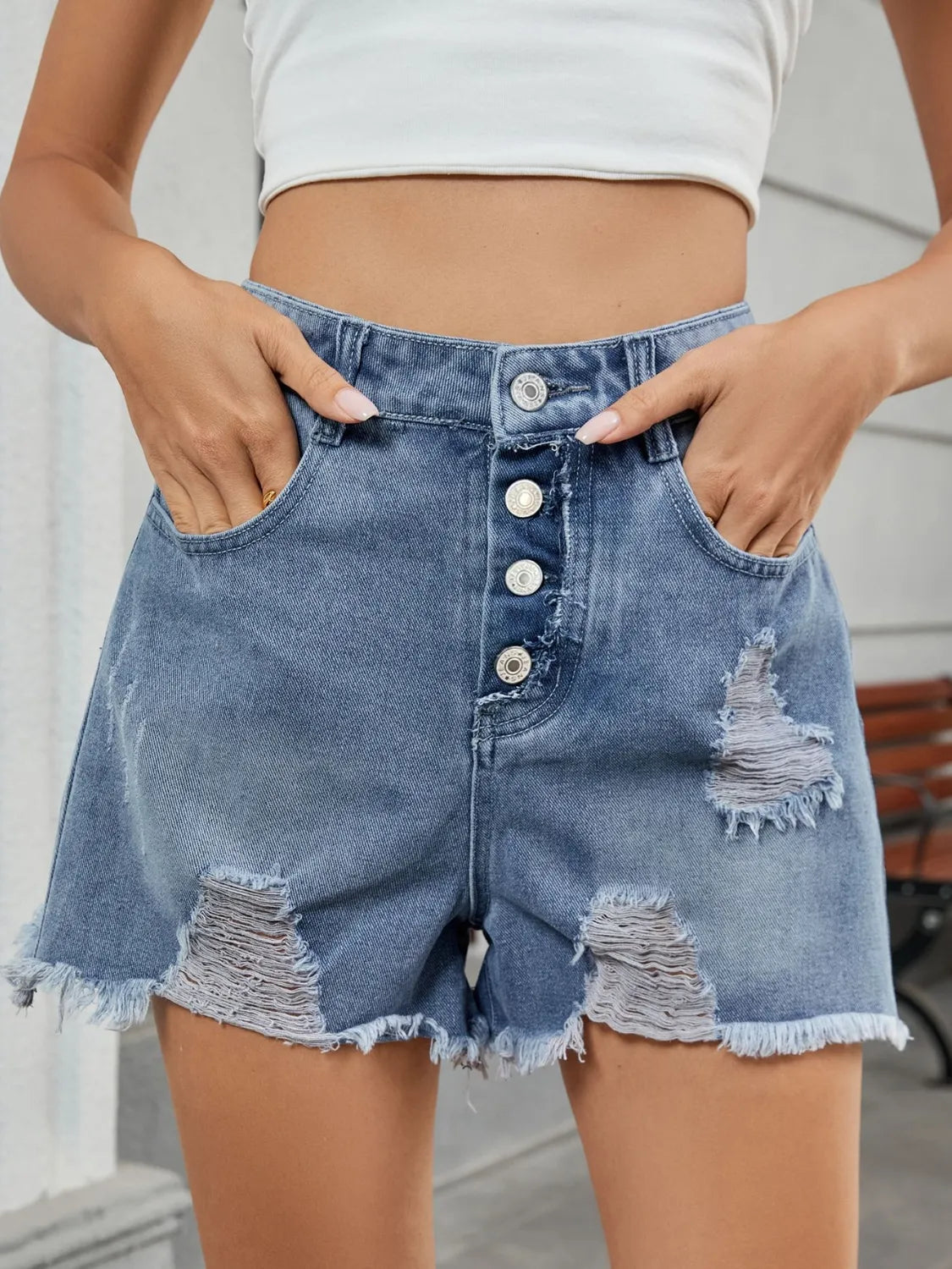 Distressed Raw Hem Denim Shorts - Dark Blue -